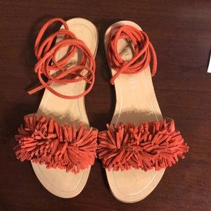 Mariella orange fringe suede flat sandals size 6.5